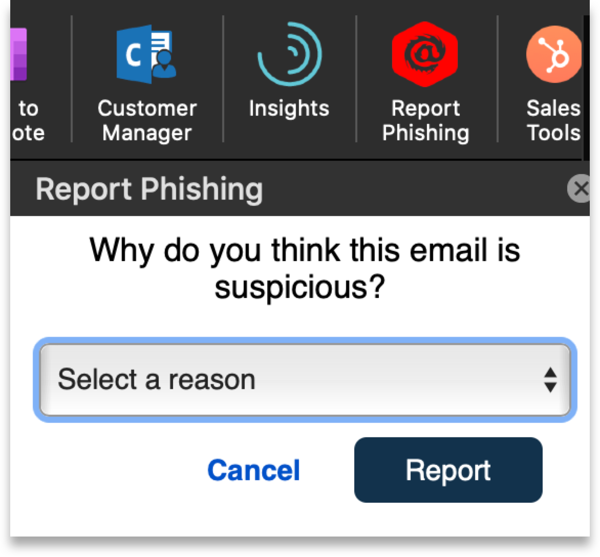Ironscales mailbox tool to report phishing emails.